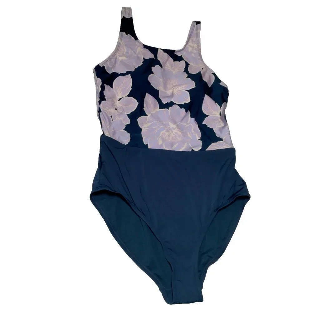 Catalina Swimwear Bathing Suit One Piece Medium Blue Purple Floral Tank Swim - Picture 3 of 16